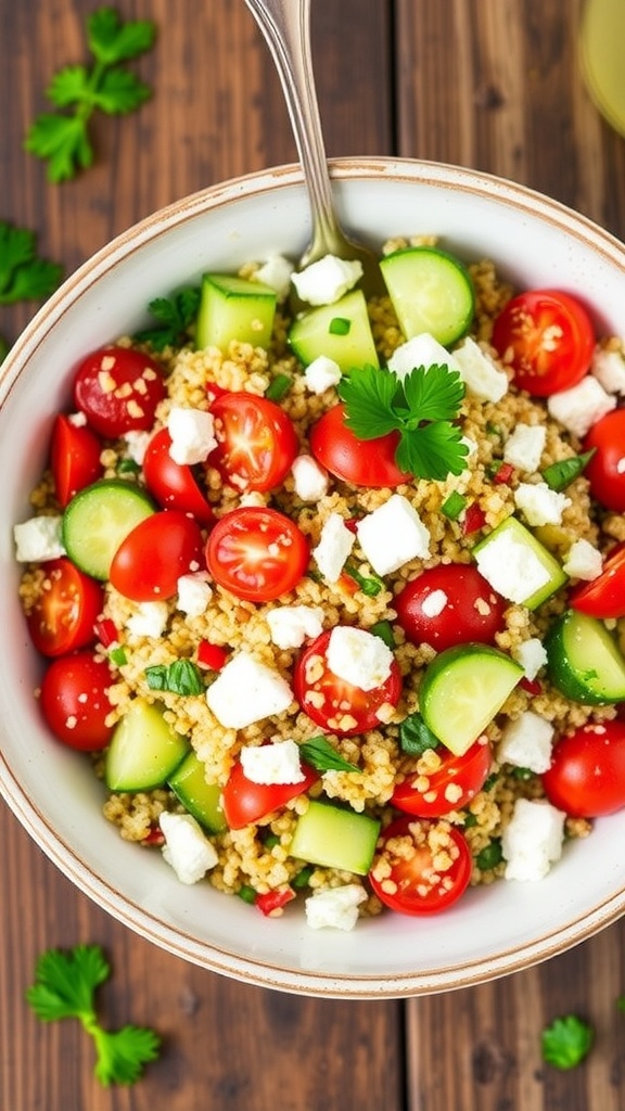 A colorful Mediterranean quinoa salad with tomatoes, cucumbers, feta, and parsley in a bowl.
